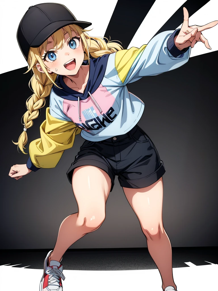 (((grayscale)))(masterpiece:1.2, best quality), (graffiti wall:1.15), super fine illustration,vibrant colors, masterpiece, sharp focus, best quality, depth of field, cinematic lighting,ultra detaile,a animated character in a colorful jacket and caprese shorts smiling, 1girl, solo, blonde hair, shorts, hat, blue eyes, black shorts, baseball cap, full body, braid, white background, jacket, twin braids, shoes, simple background, black headwear, smile, white shirt, open mouth, sneakers, multicolored clothes, shirt, looking at viewer, long hair, multicolored jacket,Eiko Tsukimi, blue eyes, braid, twin braid,(((blonde hair))),baseball cap,