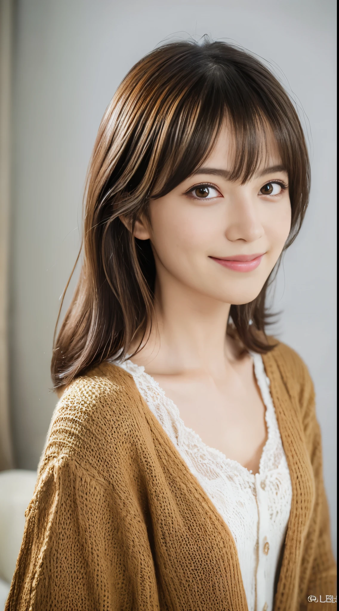 ((Best Quality, 8K, masutepiece :1.3)), 1girl(hair dyed brown, pixie cut), Cardigan :1.1, Ultra-detailed face(Round face 0.5), Detailed eyes, double eyelid.Sharp Focus: 1.2, (Increase the beauty of skin texture:1.1).Sensual beauty.(Full body shot).Smile.(flat-chested 1.8).raw photo