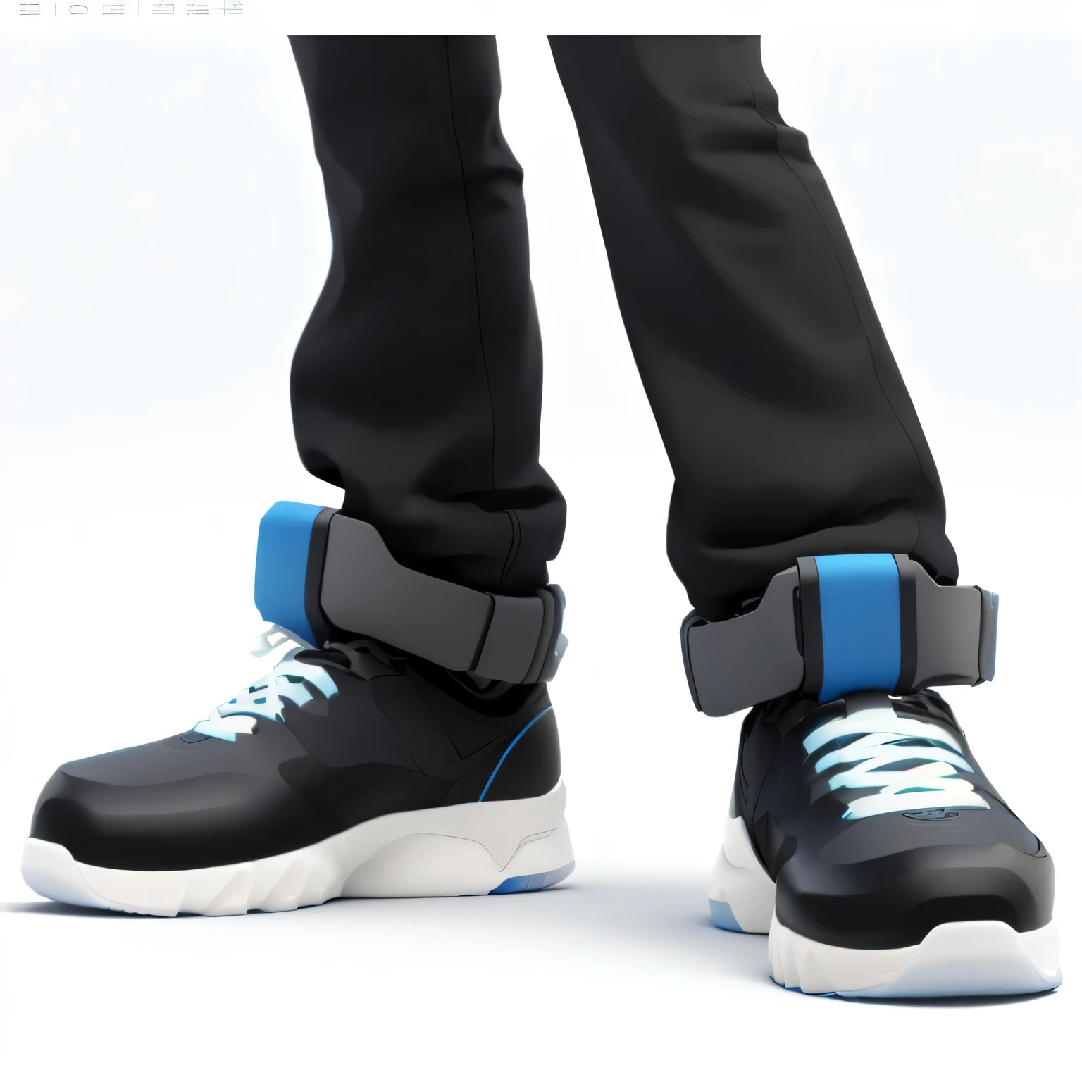 Someone is wearing a pair of black shoes with blue laces, Futuristic sneakers, Inflatable future shoes, cel shadow pbr, depicted as a 3 d render, Sports shoes design, fully Detailed rendering, Height Rendering!!, computer generated, Basketball sneakers concept art, Detailed rendering, Human hind legs and sneakers, Cybernetic legs, High resolution rendering, by Lee Jeon Suk