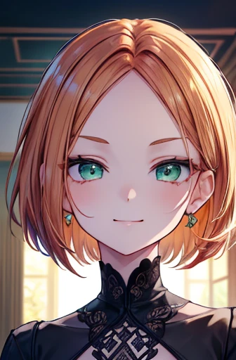 (masterpiece),(top-quality),(ultra-detailliert),hight resolution,in 8K animation,1girl,(forehead:1.3),bob cut,copper hair,green eyes,half-closed eyes,round eyes,smirk,evil smile, v-shaped eyebrows,(beautifull detailed face),(beatiful detailed eyes),18 years old