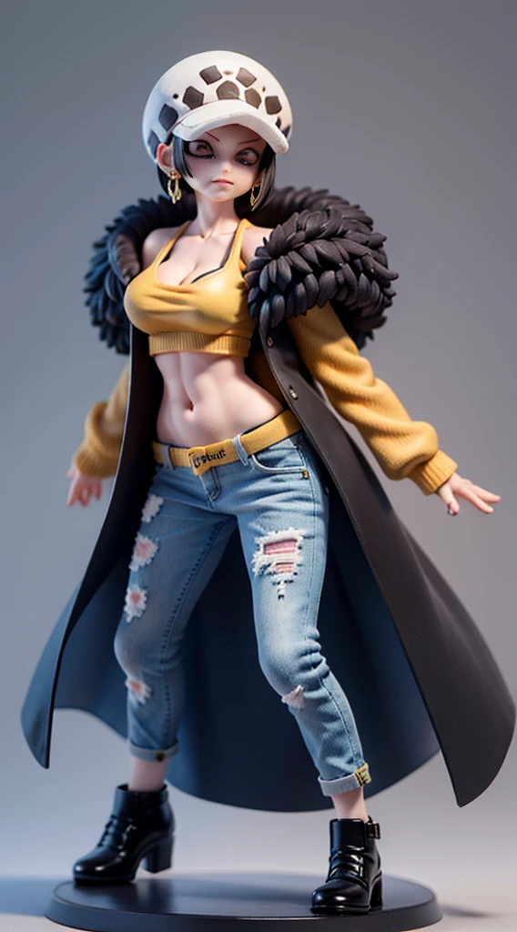 masterpiece, best quality, 8k,highestres, absurdres, extremely detailed, female trafalgar law, solo, looking at viewer, short hair, medium breasts, hat, navel, cleavage, collarbone, earrings, midriff, pants, coat, fur trim, denim, jeans, shoulder tattoo,   black fur-trimmed coat, coat on shoulders, yellow tank top,