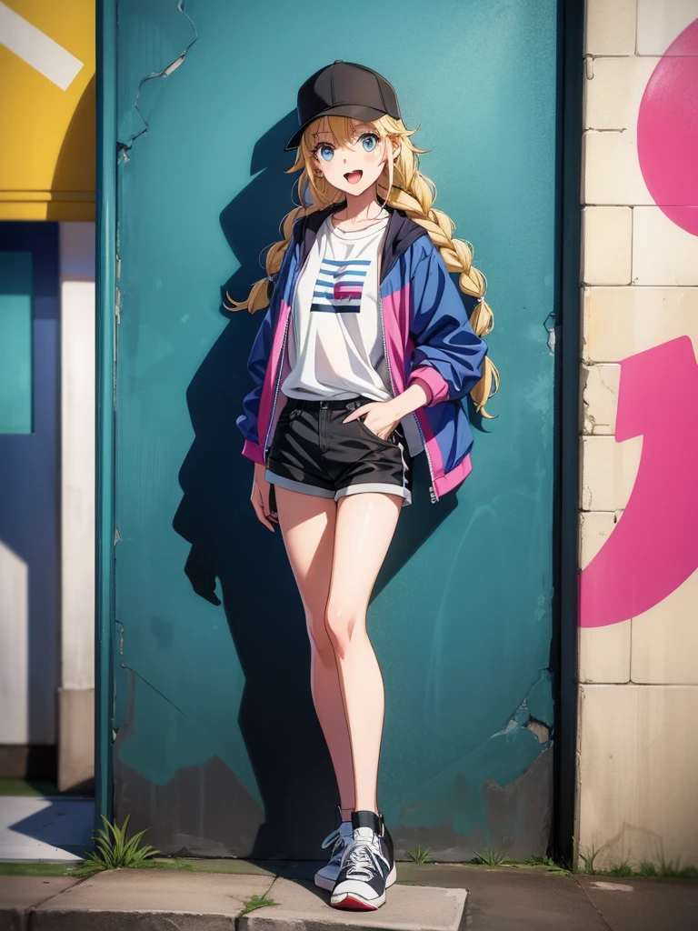 a hot girl wearing a baseball cap and a pair of shorts standing next to a wall, 1girl, graffiti, solo, hat, blue eyes, twin braids, blonde hair, braid, shorts, shirt, jacket, long hair, shoes, sneakers, white shirt, baseball cap, smile, full body, black shorts, looking at viewer, open mouth, multicolored clothes, black headwear