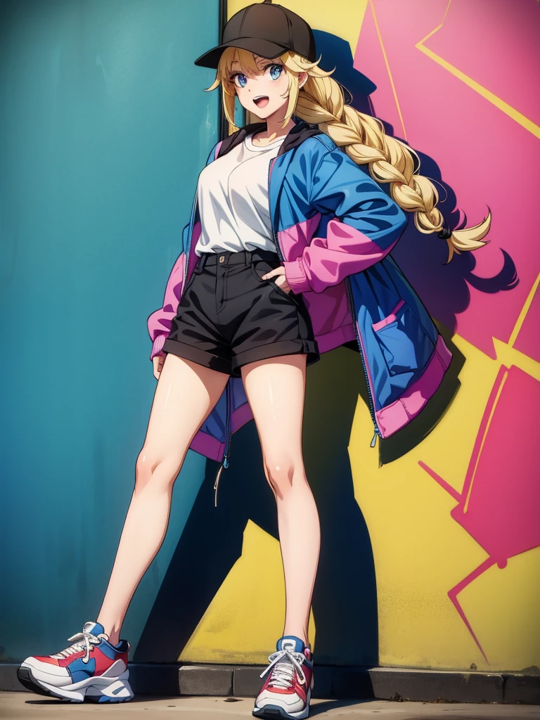 a hot girl wearing a baseball cap and a pair of shorts standing next to a wall, 1girl, graffiti, solo, hat, blue eyes, twin braids, blonde hair, braid, shorts, shirt, jacket, long hair, shoes, sneakers, white shirt, baseball cap, smile, full body, black shorts, looking at viewer, open mouth, multicolored clothes, black headwear