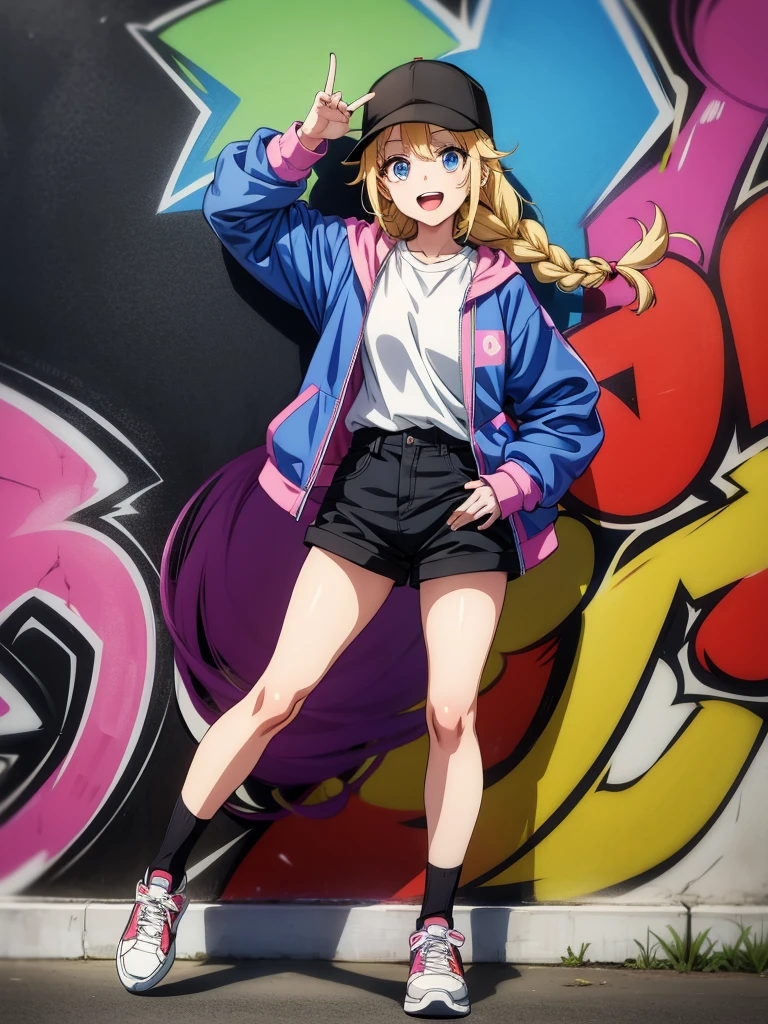 an anime girl wearing a jacket and tall socks and a pair of shorts near a wall covered graffiti, 1girl, graffiti, solo, hat, blue eyes, shorts, baseball cap, braid, twin braids, sneakers, shoes, jacket, smile, blonde hair, black shorts, looking at viewer, white shirt, shirt, long hair, black headwear, full body, open mouth