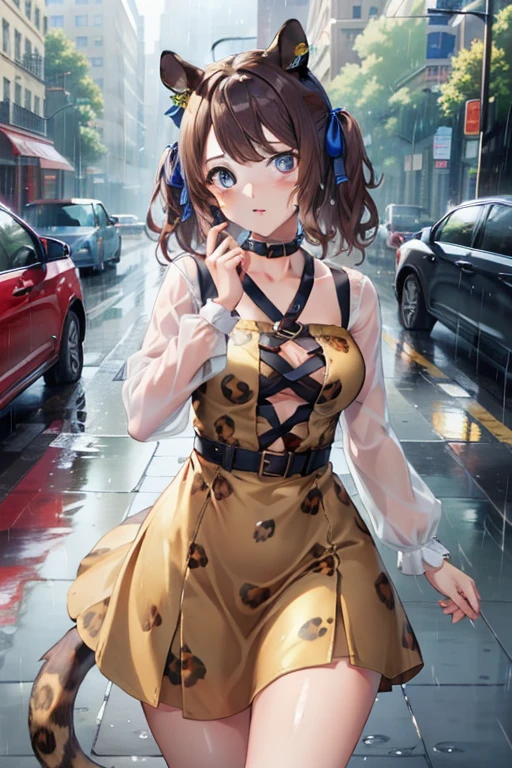 ((highest quality, 8k, masterpiece:1.3)), tosen jordan \(umamusume\) concentrated: 1.2, Perfect body beauty: 1.4, Hips: 1.2, (Wet clothes: 1.1), (rain, street:1.3), leopard pattern Silk bandeau dress: 1.1, 