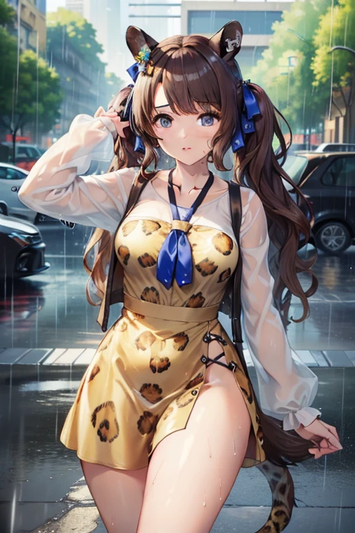 ((highest quality, 8k, masterpiece:1.3)), tosen jordan \(umamusume\) concentrated: 1.2, Perfect body beauty: 1.4, Hips: 1.2, (Wet clothes: 1.1), (rain, street:1.3), leopard pattern Silk bandeau dress: 1.1, 