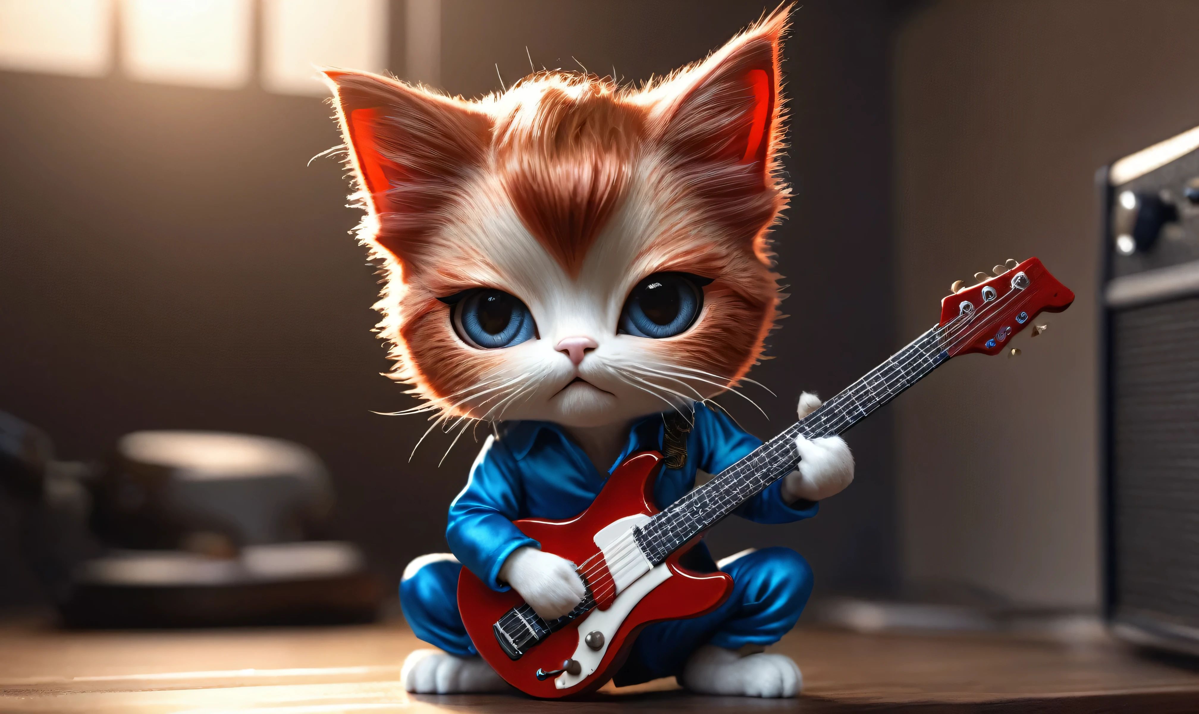 Cat chibi realistic front view, David Bowie hair, red jumpsuit, Blue long sleeve silk shirt, Playing guitar, Cinematic, Hyperrealistic, Backlit, Extremely low angle, Highly detailed, scaled down, Unrealistic rendering, 8K