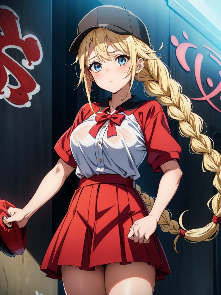 an anime woman with tattoos wearing a short red skirt and red top, 1girl, breasts, braid, hat, twin braids, graffiti, skirt, blush, looking at viewer, long hair, large breasts, black skirt, baseball cap, 1boy, solo focus,Eiko Tsukimi, blue eyes, braid, twin braid,(((blonde hair))),baseball cap,