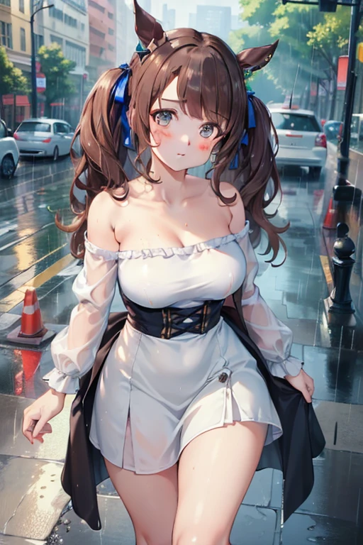 ((highest quality, 8k, masterpiece:1.3)), tosen jordan \(umamusume\) concentrated: 1.2, Perfect body beauty: 1.4, Hips: 1.2, (Wet clothes: 1.1), (rain, street:1.3), Silk bandeau dress: 1.1, 