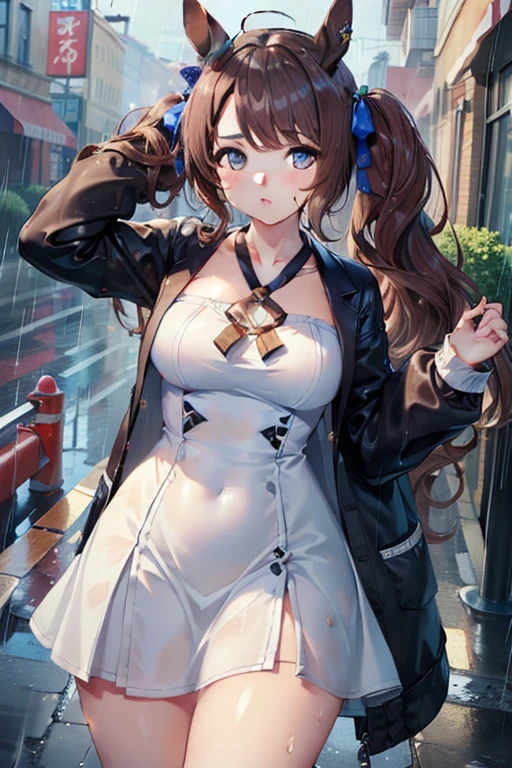 ((highest quality, 8k, masterpiece:1.3)), tosen jordan \(umamusume\) concentrated: 1.2, Perfect body beauty: 1.4, Hips: 1.2, (Wet clothes: 1.1), (rain, street:1.3), Silk bandeau dress: 1.1, 