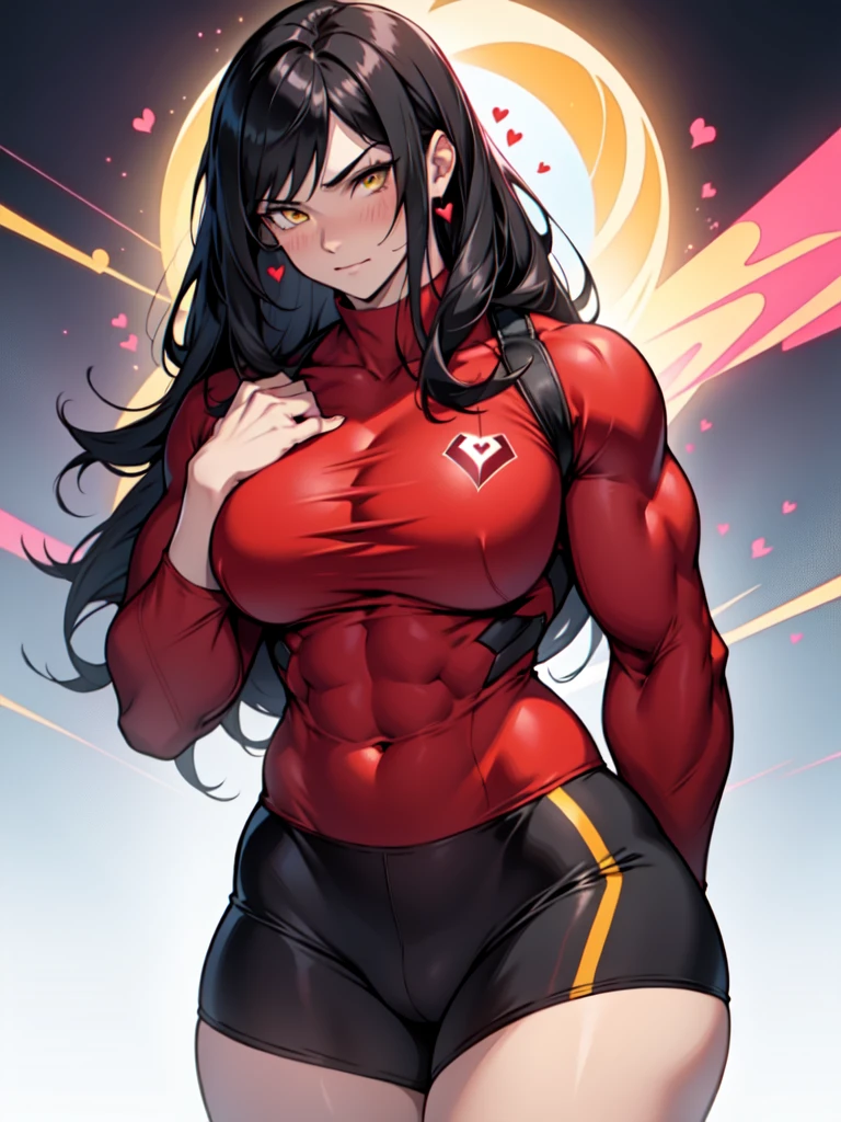 ((1girl)) pale skin large breasts (muscular) toned body thick thighs black hair yellow eyes (long hair) bodybuilder tight red shirt blushing (heart seductive expression) best quality hair flaps perfect anatomy