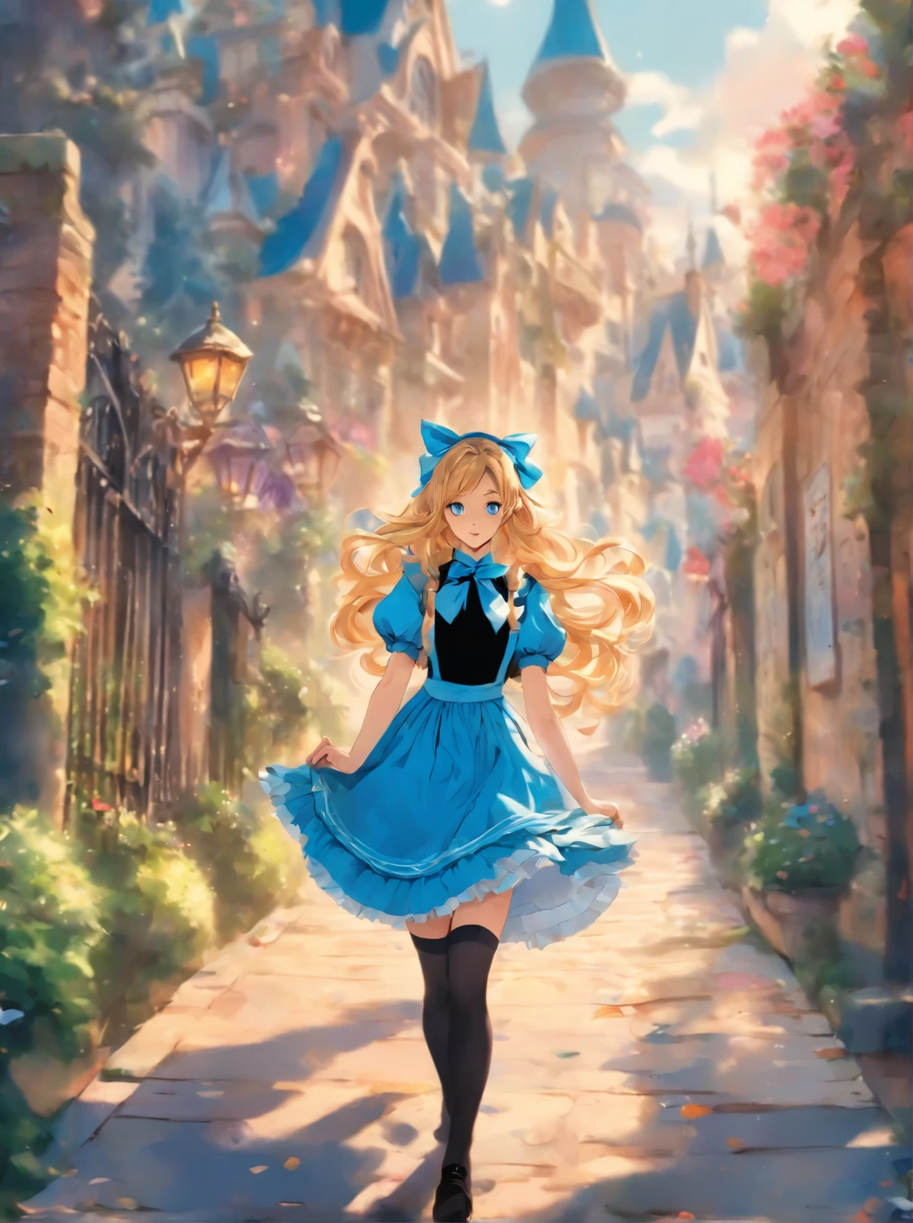 woman in a blue dress and black stockings walking down a sidewalk, alice from alice in wonder land, alice in wonderland style, costume with blue accents, like alice in wonderland, alice attends mad tea , from alice in wonderland, victorian style costume, alice in wonderland theme, beautiful costume, inspired by Alice Prin, glamourous cosplay, jessica nigri face!!