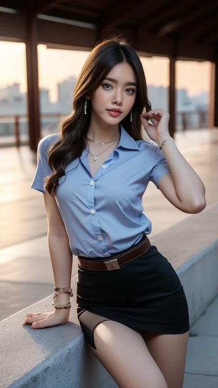 (8k high resolution, masterpiece, only the best quality complicated details Chromatic aberration) lifelike ((small bust)) hair strewn in one eye, very large round silver earrings worn on the ear, diamond choker, red gemstone necklace, medium-sized silver necklace, bracelet, several bracelets band, leather strap watch, anklet, waist chain, stilettos, sharp eyes, necklace, (symmetrical eyes), (perfect symmetrical body), (photo of a beautiful 19 year old teenage girl), beautiful and Charming with contemporary fashion paintings as well, looking at the audience, ((sitting in the red 5-story amphitheater behind a large glass room)), ((black miniskirt)), (opening shirt to show breasts, breast, nipple, soft breast), no bra)), (open chest), (long square leather buckle), ((wear a blue shirt over)), put your hands down, (colored bob Light brown golden blonde, large spiral curls, (there is some hair covering the face.)), sharp eyeliner, dark eyes, eyelids, blush with thick eyelashes, curled eyelashes, delicate and Very beautiful, sharp focus. Elegant. (Spread your legs moderately on the stands.) (Open your legs, look at your panties.) (Open your legs and lift your left leg. (natural release) pose seductively, let your legs naturally be at eye level, separated, (mahalaiuniform)