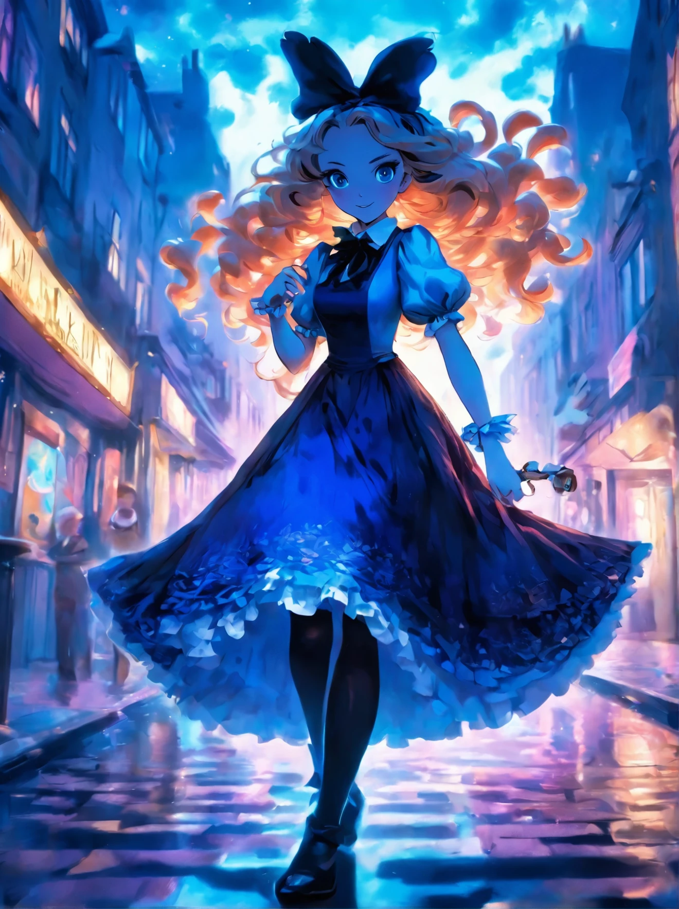 woman in a blue dress and black stockings walking down a sidewalk, alice from alice in wonder land, alice in wonderland style, costume with blue accents, like alice in wonderland, alice attends mad tea , from alice in wonderland, victorian style costume, alice in wonderland theme, beautiful costume, inspired by Alice Prin, glamourous cosplay, jessica nigri face!!