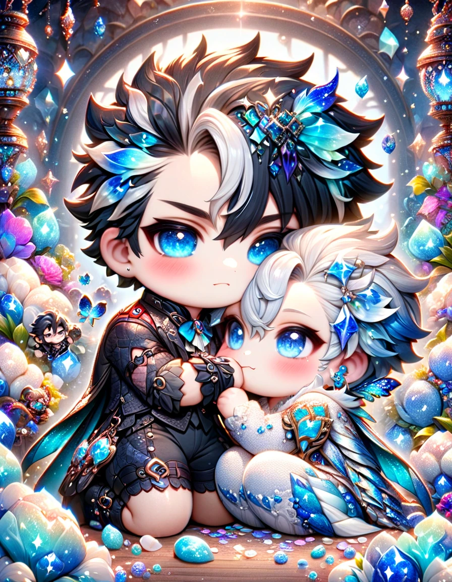 absurdres, highres, ultra detailed, HDR) master piece, best quality, Wriothesley chibi, black hair, expressive blue eyes, genshin impact, Neuvillette chibi, white hair, expressive blue eyes, two boys together, yaoi couple, black clothes with accessories, jewelry, patterns, magical fantasy, blue butterflies, glittering, sparkling, blue lilies, petals, radiant