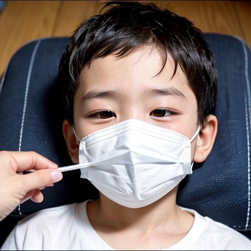 Handsome kindergarten boy with infectious disease、Appearance of suffering. He is wearing a white mask. He has a high fever. he is sleeping. He has a cough. He is exhausted. He is taking his temperature with a thermometer. He is dying. He is cooling his forehead with a cooling gel sheet..