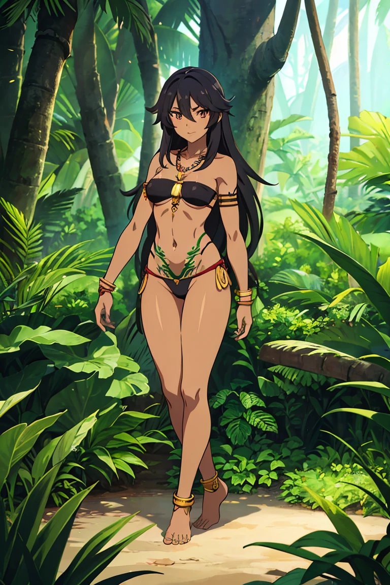 (full body shot:1.1),Anime tribal girl, dark skin, body, black shoulder lenght hair, hazel eyes, necklace showing connection with nature, gold anklets , tattoos on body, in the jungle, whole body, barefoot