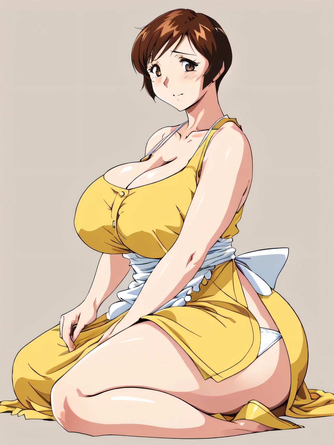 masterpiece, highest quality, High resolution, One Girl, alone, alone, short hair, etsukoto, fine grain, fine grain, (((Thick thighs, Plump thighs, Voluptuous thighs, Thighs are enough))), Big and ample breasts, Cleavage, Huge long breasts, Naughty big,((Big breasts are important))、((Naughty thighs)), L Cup, (thin:1.4),(Tight waist:1.4),  (Perfect beautiful yellow dress:1.4), ((white waist apron)), Embarrassed look, White panties, (((Simple Background))), ((Wide Hips)), Shiny, Oily skin, Mature mother, Calf, Seductive mature woman, Perfect body, Plus Size Model, etsukoto, blush, clavicle, retro artstyle, 1990s (style), ((bare legs)), wariza, sitting, from side,