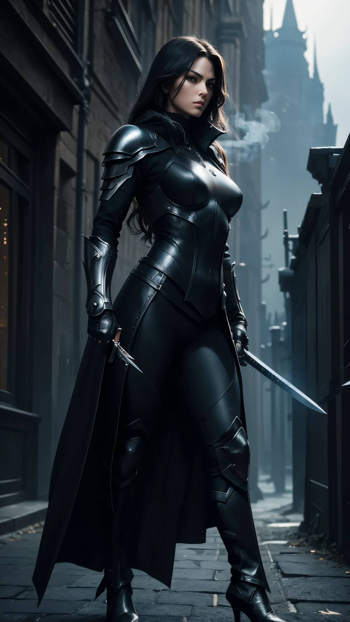 Full body picture, Female assassin, beautiful and gorgeous, black suit , metal armor , strong face , eyes detail, best coat , heroic pose, standing on the dark street, looks Mystique, holding sword weapon , front view ,best lighting, super ultra detail , smoke and dark scene , ultra HD, Sharp focus, high res , masterpiece .