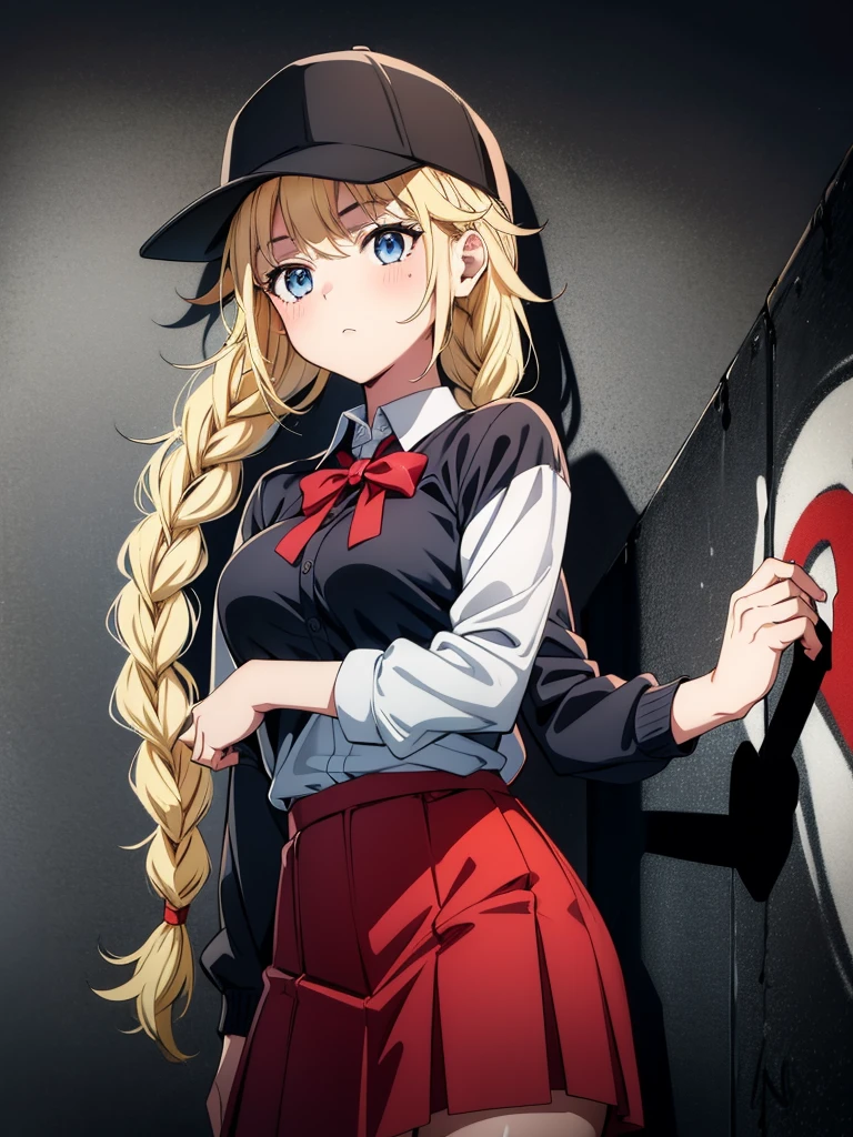 (((grayscale)))(masterpiece:1.2, best quality), (graffiti wall:1.15), super fine illustration,vibrant colors, masterpiece, sharp focus, best quality, depth of field, cinematic lighting,ultra detaile,an anime woman with tattoos wearing a short red skirt and red top, 1girl, breasts, braid, hat, twin braids, graffiti, skirt, blush, looking at viewer, long hair, large breasts, black skirt, baseball cap, 1boy, solo focus,Eiko Tsukimi, blue eyes, braid, twin braid,(((blonde hair))),baseball cap,