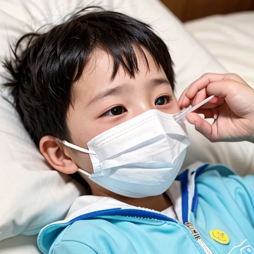 Handsome  with infectious disease、Appearance of suffering. He is wearing a white mask. He has a high fever. he is sleeping. He has a cough. He is exhausted. He is taking his temperature with a thermometer. He is dying. He is cooling his forehead with a cooling gel sheet..