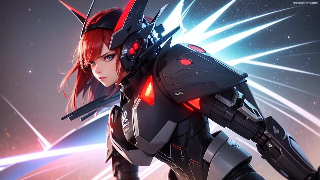 A stunning, hyper-realistic digital artwork featuring a powerful mech girl with striking red hair and piercing light blue eyes. Her sleek, intricate armor boasts a captivating blend of white, black, red, and blue hues, accentuated by gold details and Double Fin Funnel Type. The design is inspired by the iconic "UNIVERSE MECHA" logo, with the stylized "U" and "M" forming antenna-like shapes reminiscent of a mecha helmet. The artist, Dragonsteel7, has skillfully crafted this mesmerizing 16k artwork, exhibiting a cinematic quality with hyper-detail and ultra-quality. The vivid, immersive illustration draws the viewer into the depth of texture and detail, making it a potential poster or 3D render for a futuristic anime or sci-fi project. The, 3d render, illustration, vibrant, cinematic, typography, product, poster, photo, anime