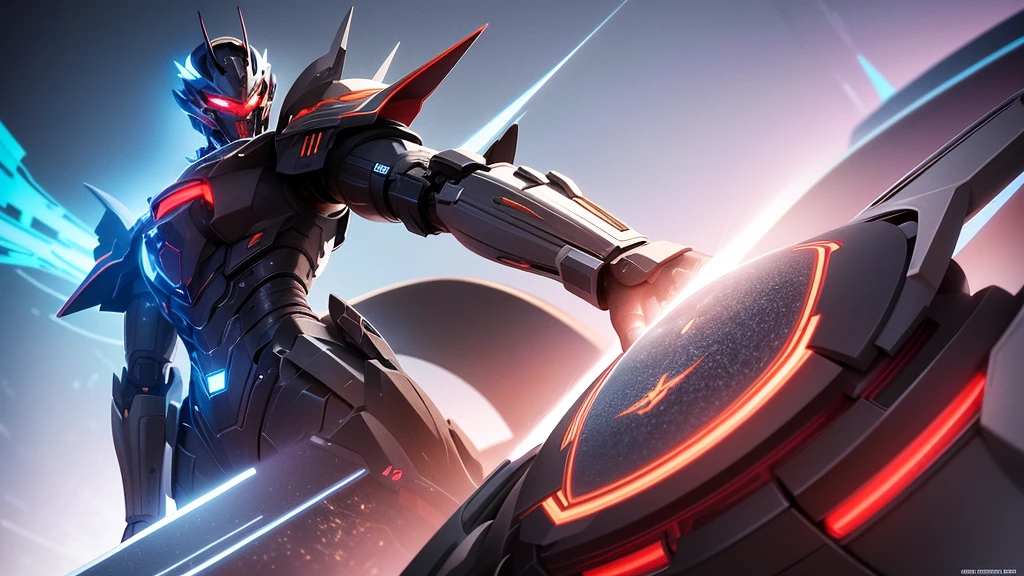 A stunning, hyper-realistic digital artwork featuring a powerful mech girl with striking red hair and piercing light blue eyes. Her sleek, intricate armor boasts a captivating blend of white, black, red, and blue hues, accentuated by gold details and Double Fin Funnel Type. The design is inspired by the iconic "UNIVERSE MECHA" logo, with the stylized "U" and "M" forming antenna-like shapes reminiscent of a mecha helmet. The artist, Dragonsteel7, has skillfully crafted this mesmerizing 16k artwork, exhibiting a cinematic quality with hyper-detail and ultra-quality. The vivid, immersive illustration draws the viewer into the depth of texture and detail, making it a potential poster or 3D render for a futuristic anime or sci-fi project. The, 3d render, illustration, vibrant, cinematic, typography, product, poster, photo, anime