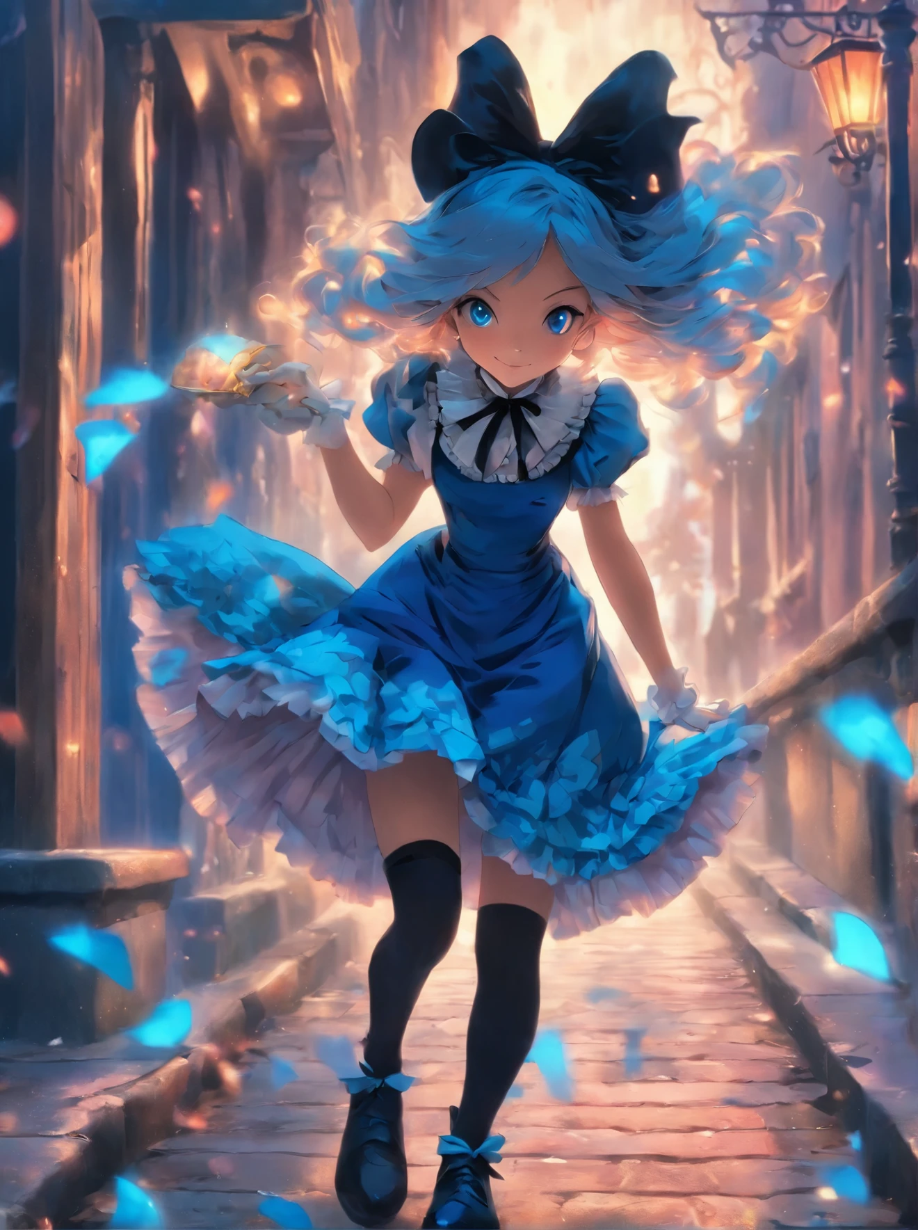 woman in a blue dress and black stockings walking down a sidewalk, alice from alice in wonder land, alice in wonderland style, costume with blue accents, like alice in wonderland, alice attends mad tea , from alice in wonderland, victorian style costume, alice in wonderland theme, beautiful costume, inspired by Alice Prin, glamourous cosplay, jessica nigri face!!