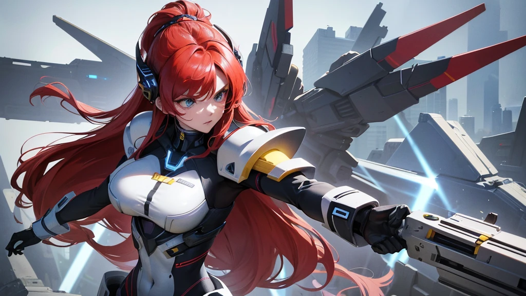 A stunning, hyper-realistic digital artwork featuring a powerful mech girl with striking red hair and piercing light blue eyes. Her sleek, intricate armor boasts a captivating blend of white, black, red, and blue hues, accentuated by gold details and Double Fin Funnel Type. The design is inspired by the iconic "UNIVERSE MECHA" logo, with the stylized "U" and "M" forming antenna-like shapes reminiscent of a mecha helmet. The artist, Dragonsteel7, has skillfully crafted this mesmerizing 16k artwork, exhibiting a cinematic quality with hyper-detail and ultra-quality. The vivid, immersive illustration draws the viewer into the depth of texture and detail, making it a potential poster or 3D render for a futuristic anime or sci-fi project. The, 3d render, illustration, vibrant, cinematic, typography, product, poster, photo, anime