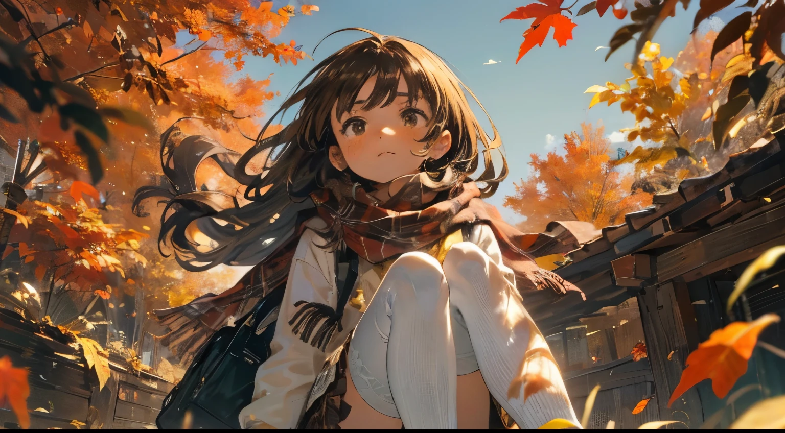 (((beautiful detailed, ultra-detailed))), 1girl, solo, sad face, face looking up at the sky, long hair, thigh highs, skirt, bag, brown eyes, brown hair, scarf, plaid, leaf, tree, autumn, autumn leaves, wind, Composition looking up from below, 