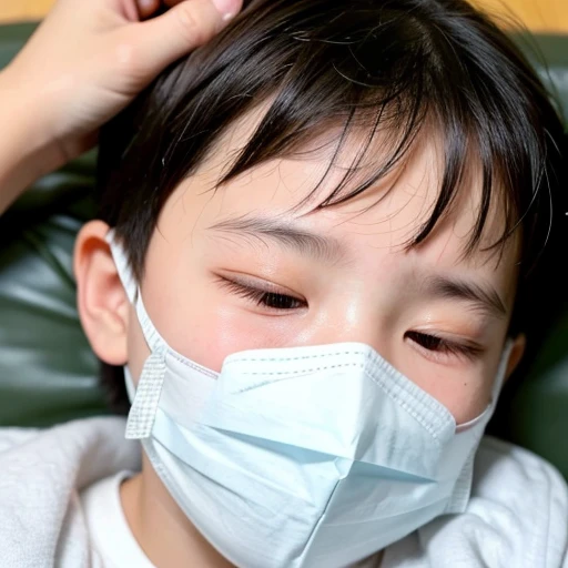 Handsome with infectious disease、Appearance of suffering. He is wearing a white mask. He has a high fever. he is sleeping. He has a cough. He is exhausted. He is taking his temperature with a thermometer. He is dying. He is cooling his forehead with a cooling gel sheet..