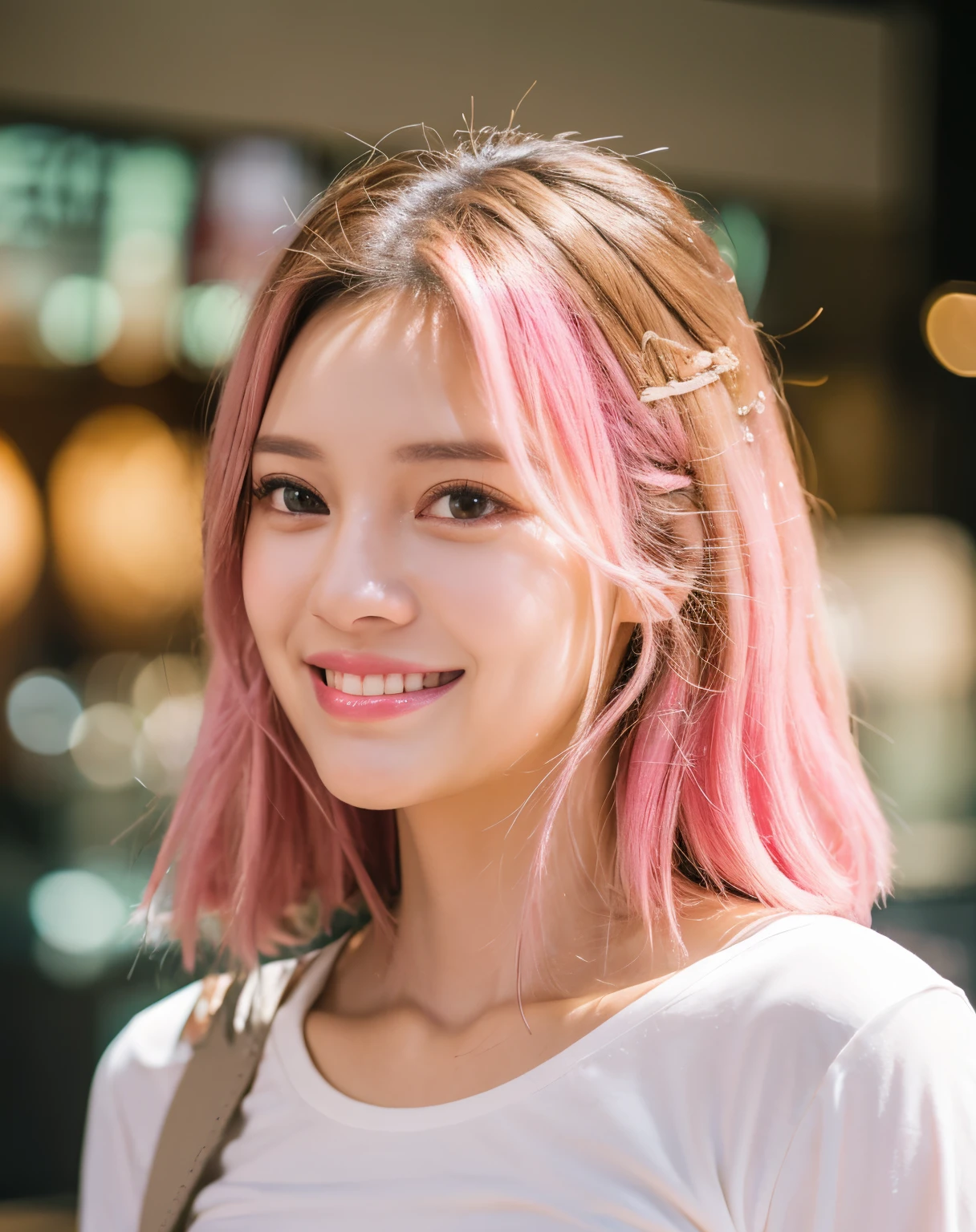 beautiful instagram model, pink hair, at the airport, smiling, holding starbucks coffee cup, wearing t-shirt and short skirt, full body detailed face, long eyelashes, detailed eyes, detailed lips, highly detailed, 8k, photorealistic, studio lighting, professional photography, warm color tone, natural lighting