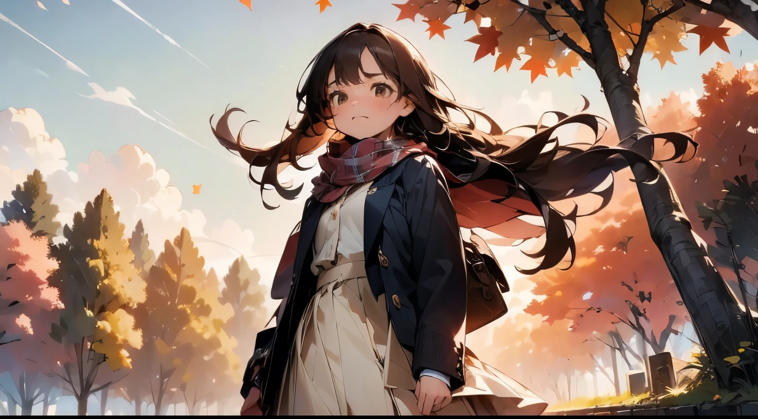(((beautiful detailed, ultra-detailed))), 1girl, solo, sad face, face looking up at the sky, standing posture, Composition up to the knees, long hair, long skirt, bag, brown eyes, brown hair, scarf, plaid, leaf, tree, autumn, autumn leaves, wind, Composition looking up from below, 