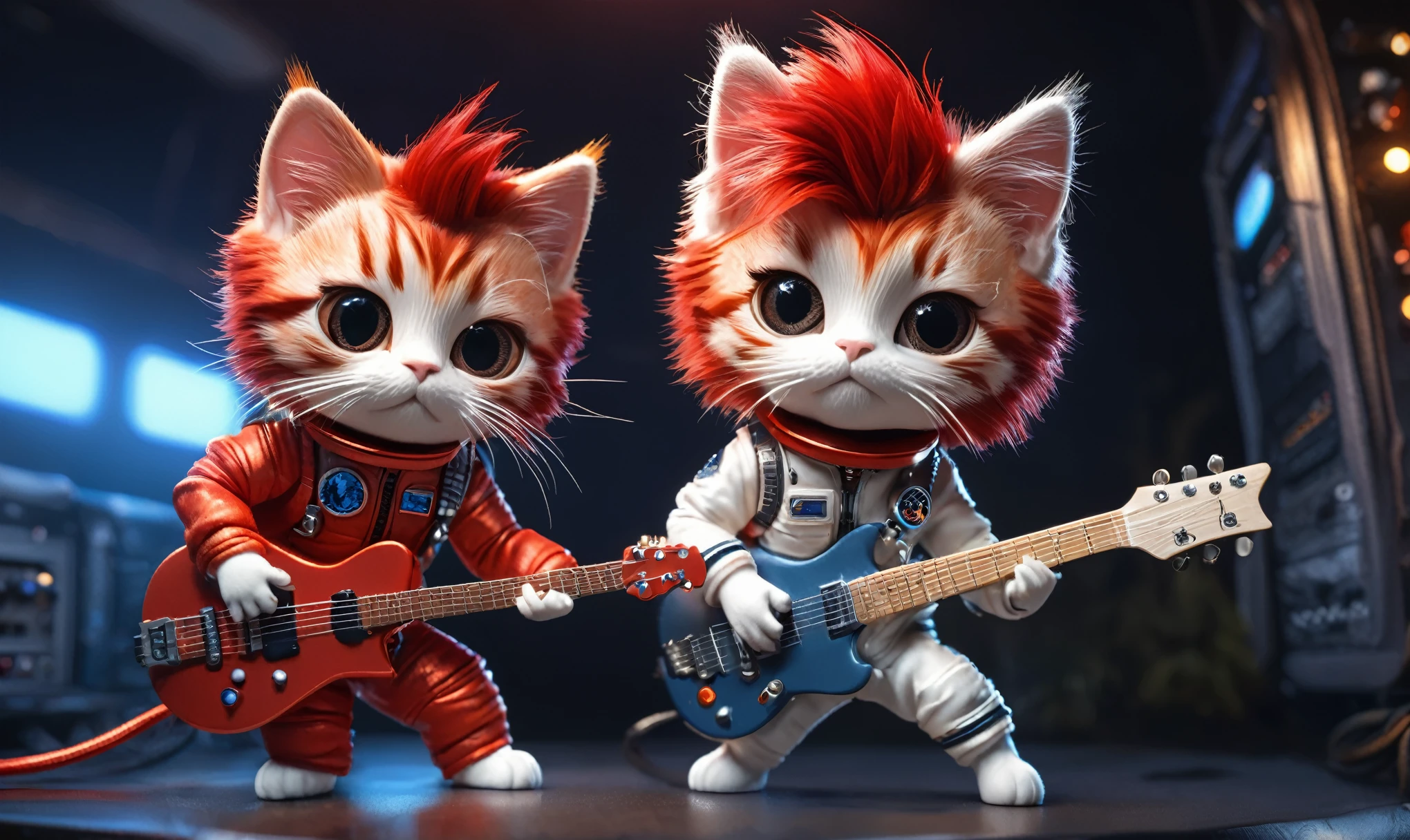 Cat chibi realistic front view, David Bowie Red spiked mullet hair, RED astronaut jumpsuit space oddity, Playing guitar, Cinematic, Hyperrealistic, Backlit, Extremely low angle, Highly detailed, scaled down, Unrealistic rendering, 8K