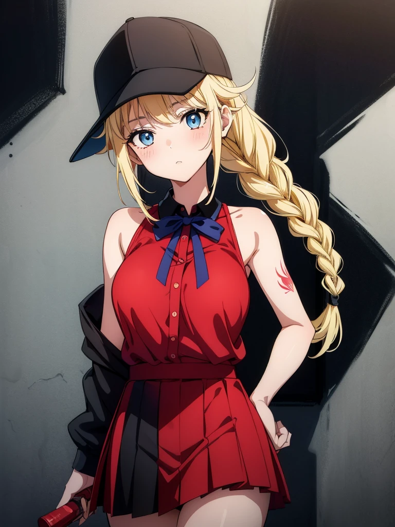 (((grayscale)))(masterpiece:1.2, best quality), (graffiti wall:1.15), super fine illustration,vibrant colors, masterpiece, sharp focus, best quality, depth of field, cinematic lighting,ultra detaile,an anime woman with tattoos wearing a short red skirt and red top, 1girl, breasts, braid, hat, twin braids, graffiti, skirt, blush, looking at viewer, long hair, large breasts, black skirt, baseball cap, 1boy, solo focus,Eiko Tsukimi, blue eyes, braid, twin braid,(((blonde hair))),baseball cap,