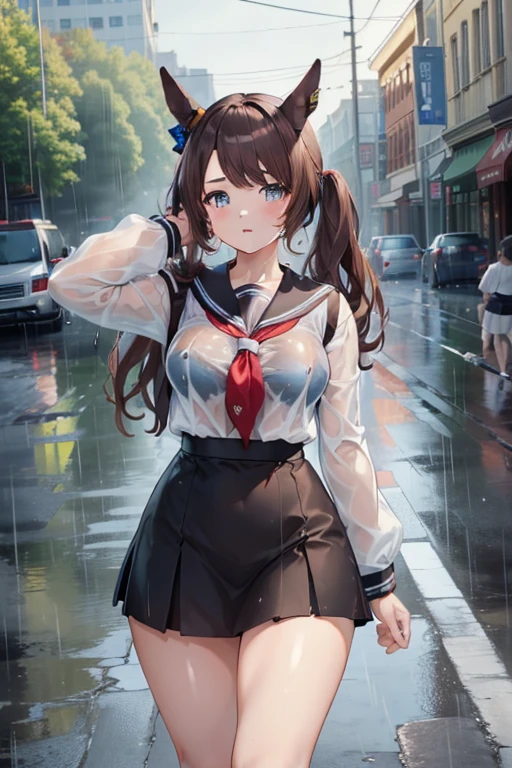 ((highest quality, 8k, masterpiece:1.3)), tosen jordan \(umamusume\) concentrated: 1.2, Perfect body beauty: 1.4, Hips: 1.2, (Wet clothes: 1.1), (rain, street:1.3), school uniform: 1.1, 