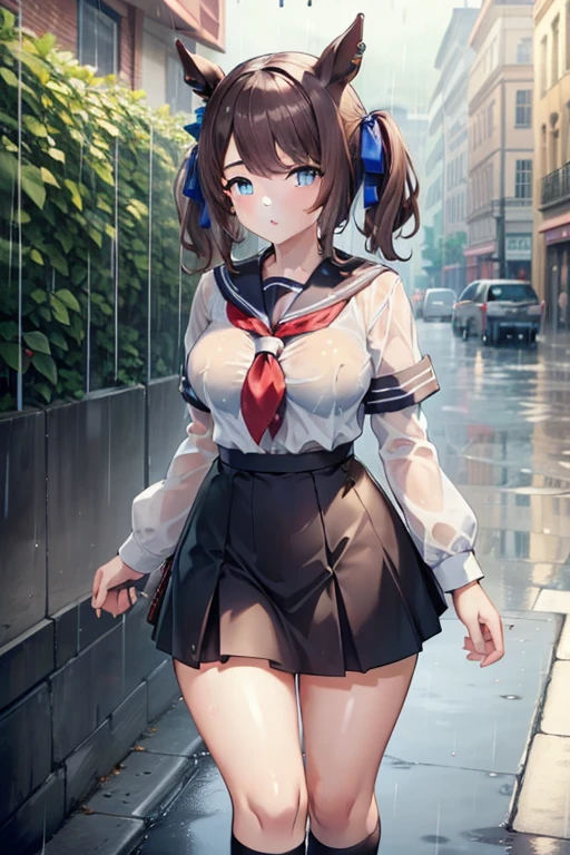 ((highest quality, 8k, masterpiece:1.3)), tosen jordan \(umamusume\) concentrated: 1.2, Perfect body beauty: 1.4, Hips: 1.2, (Wet clothes: 1.1), (rain, street:1.3), school uniform: 1.1, 