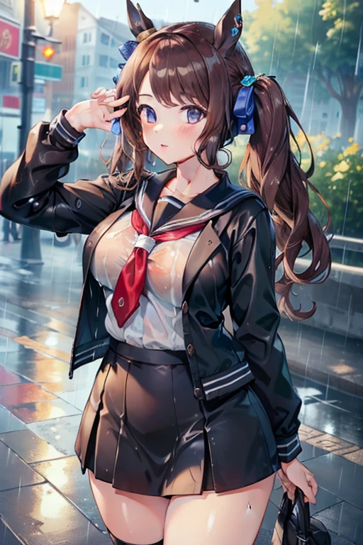 ((highest quality, 8k, masterpiece:1.3)), tosen jordan \(umamusume\) concentrated: 1.2, Perfect body beauty: 1.4, Hips: 1.2, (Wet clothes: 1.1), (rain, street:1.3), school uniform: 1.1,