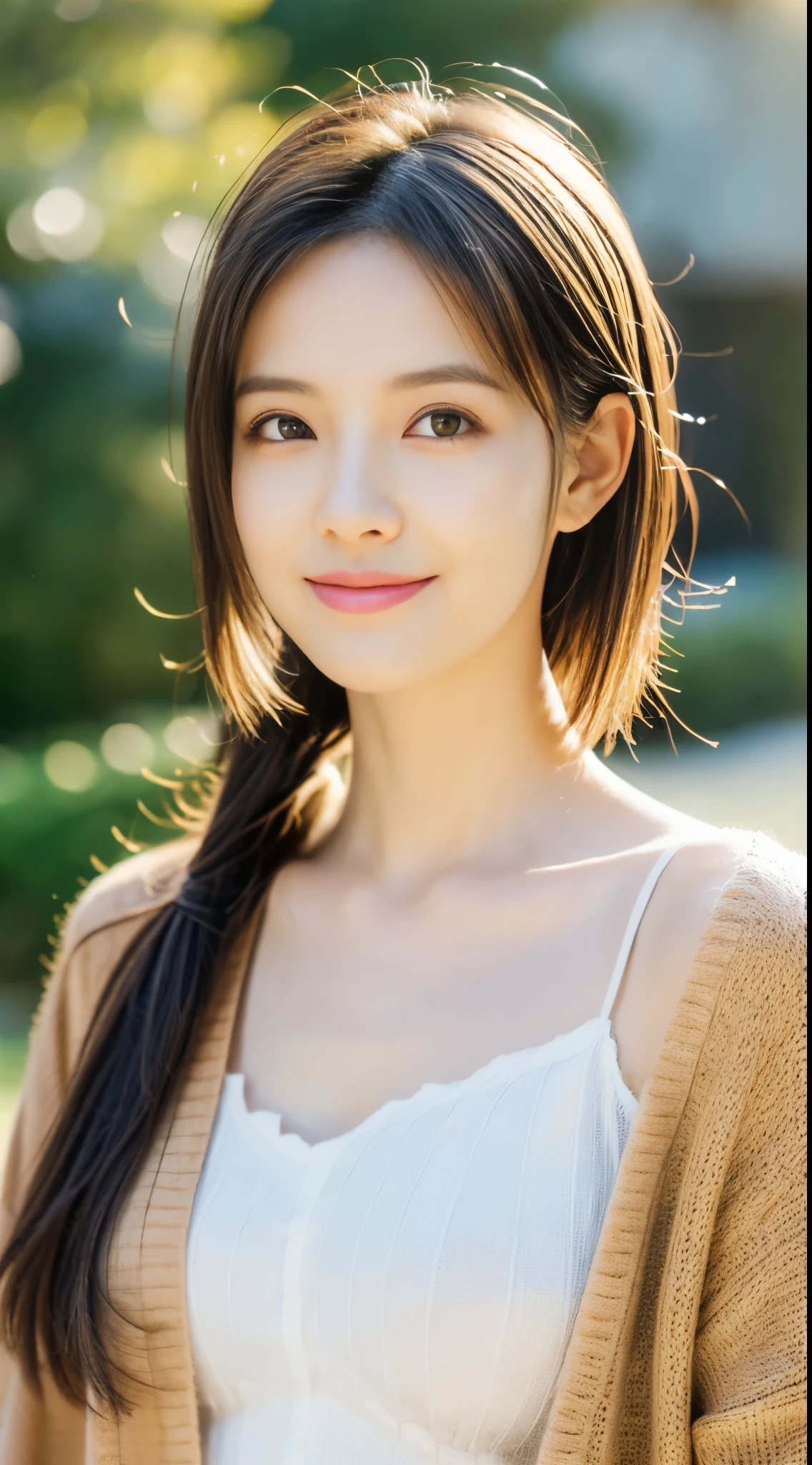 ((Best Quality, 8K, masutepiece :1.3)), 1girl(hair dyed brown, pixie cut), Cardigan :1.1, Ultra-detailed face(Round face 0.5), Detailed eyes, double eyelid.Sharp Focus: 1.2, (Increase the beauty of skin texture:1.1).Sensual beauty.(Full body shot).Smile.(flat-chested 1.8).raw photo