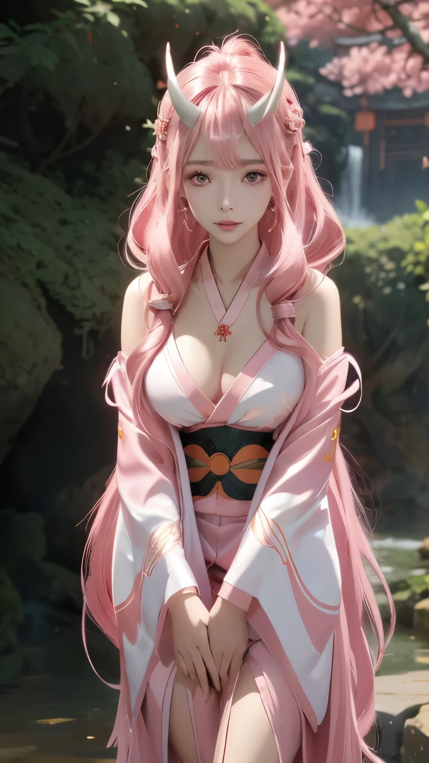 Shuuna /(Tensei Shitara Slime Daata/), anime style, 1girl Focused, UHD, masterpiece, high quality, high details, best quality, highres, HD, 4K, depth of field, light over face, symmetry, Hasselblad, an extremely delicate and beautiful, extremely detailed, Amazing, finely detail, masterpiece, best quality, official art, Highres, incredibly Highres, huge filesize, ultra-detailed, highres, extremely detailed, beautiful detailed girl, female focus, mature female, (Asian female:1.45), adult, ultra white skin, delicate face, delicate skin, realistic skin, make over face, (looking at viewer)!!, (double symetrical oni horn)!!, (close shoulders)!!, blush, closed mouth, seductive smile, fresh lips, detached sleeves, earrings, fingernails, hair between eyes, mocha hair bangs, (ultra shine pink hair)!!, very long hair, detailed realistic hair, japanese clothes, kimono clothes, detailed realistic clothes, neck garter, necklace, plump breasts, open skirt, slim legs, petticoat, fishnet legs, stockigs, smooth thighs cleavage, garter thighs, nontraditional Shuuna, (sharp eyes)!!, (eye's pupils colored by Pink:1.25)!!, (homochromatic eyes)!!, (exposed eyes)!!, (flower plain)!!, (leaning against a single tree)!!, waterfall, There are birds in the sky, There are butterflies, japanese shrine, The sky is blue, Shuuna /(Tensei Shitara Slime Daata/), (correct anatomically)!!