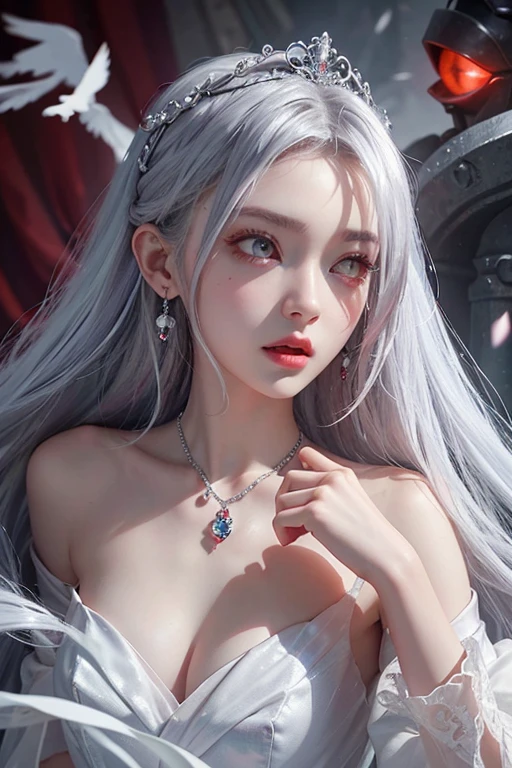 、woman、whole body、Evil Face, Red eyes, Iris,Silver Hair、Summit、White Wedding Dress、Long Hair、whole body、Shoulders stick out、tiara、Small breasts、Earrings、necklace