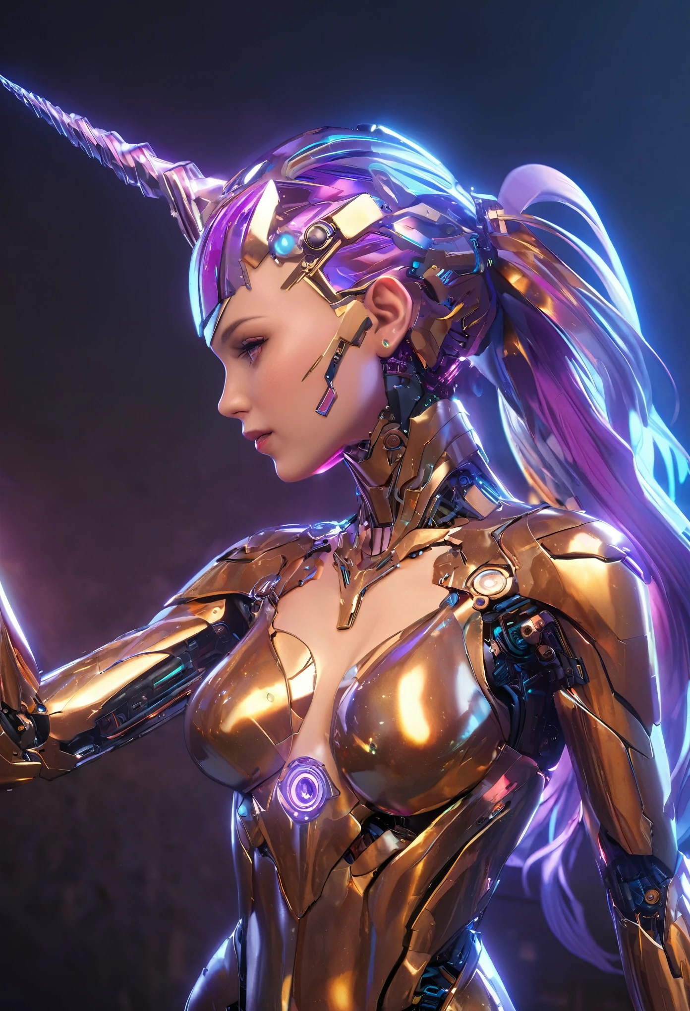 (best quality,4k,highres,masterpiece:1.2),ultra-detailed,(realistic,photorealistic:1.37), A breathtakingly beautiful female humanoid unicorn cyborg android, (a shimmering unicorn horn:1.8), porcelain skin, striking eyes, delicate features, futuristic sci-fi, intricate mechanical parts, glowing cybernetic implants, elegant and graceful pose, hyper-realistic, photorealistic, masterpiece, 8k, ultra-detailed, cinematic lighting, dramatic shadows, vivid colors, highly saturated, neon highlights, glowing energy fields, complex machinery, sleek and modern, cutting-edge technology, advanced AI, seamless integration of organic and mechanical elements