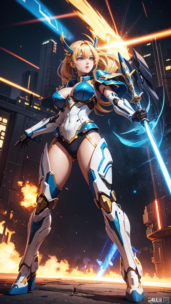 A captivating, hyper-resolution 3D rendering of a fierce, powerful Mecha woman, radiating strength and courage. Her golden Mecha armor boasts a vibrant color palette of white, black, red, and blue, with intricate details accentuating her curvaceous figure and flowing blonde hair. Her piercing light blue eyes convey command and determination. Armed with a shield of pure energy and a glowing blue saber, she stands tall with the "UNIVERSO MECHA" logo prominently displayed. The creation of "Dragonsteel7" masterfully merges illustration, 3D rendering, and typography techniques, resulting in a stunning, poster-worthy image with a cinematic vibe and a blend of various artistic elements., 3d render, photo, product, vibrant, illustration, typography, anime, cinematic, poster