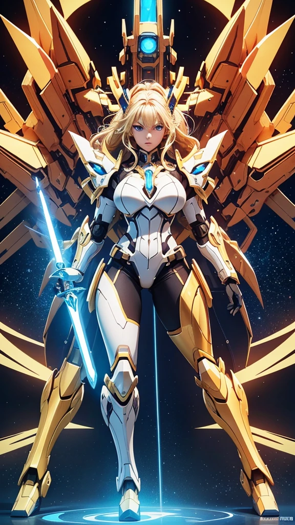 A captivating, hyper-resolution 3D rendering of a fierce, powerful Mecha woman, radiating strength and courage. Her golden Mecha armor boasts a vibrant color palette of white, black, red, and blue, with intricate details accentuating her curvaceous figure and flowing blonde hair. Her piercing light blue eyes convey command and determination. Armed with a shield of pure energy and a glowing blue saber, she stands tall with the "UNIVERSO MECHA" logo prominently displayed. The creation of "Dragonsteel7" masterfully merges illustration, 3D rendering, and typography techniques, resulting in a stunning, poster-worthy image with a cinematic vibe and a blend of various artistic elements., 3d render, photo, product, vibrant, illustration, typography, anime, cinematic, poster