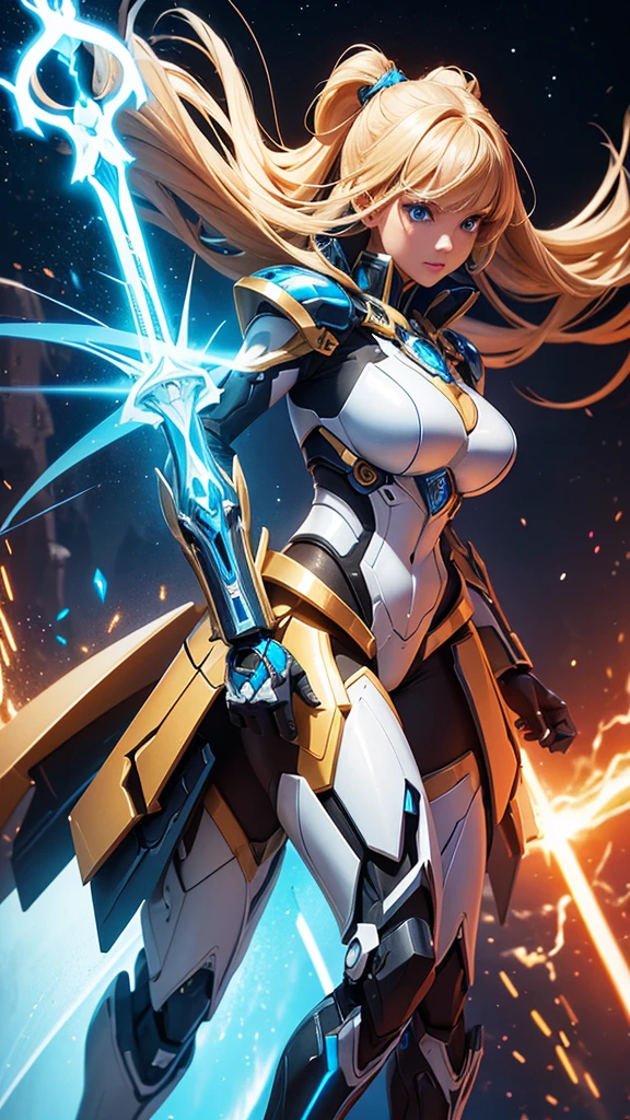 A captivating, hyper-resolution 3D rendering of a fierce, powerful Mecha woman, radiating strength and courage. Her golden Mecha armor boasts a vibrant color palette of white, black, red, and blue, with intricate details accentuating her curvaceous figure and flowing blonde hair. Her piercing light blue eyes convey command and determination. Armed with a shield of pure energy and a glowing blue saber, she stands tall with the "UNIVERSO MECHA" logo prominently displayed. The creation of "Dragonsteel7" masterfully merges illustration, 3D rendering, and typography techniques, resulting in a stunning, poster-worthy image with a cinematic vibe and a blend of various artistic elements., 3d render, photo, product, vibrant, illustration, typography, anime, cinematic, poster