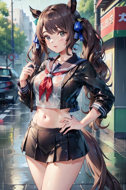 ((highest quality, 8k, masterpiece:1.3)), tosen jordan \(umamusume\) concentrated: 1.2, Perfect body beauty: 1.4, Hips: 1.2, (Wet clothes: 1.1), (rain, street:1.3), school uniform: 1.1, 