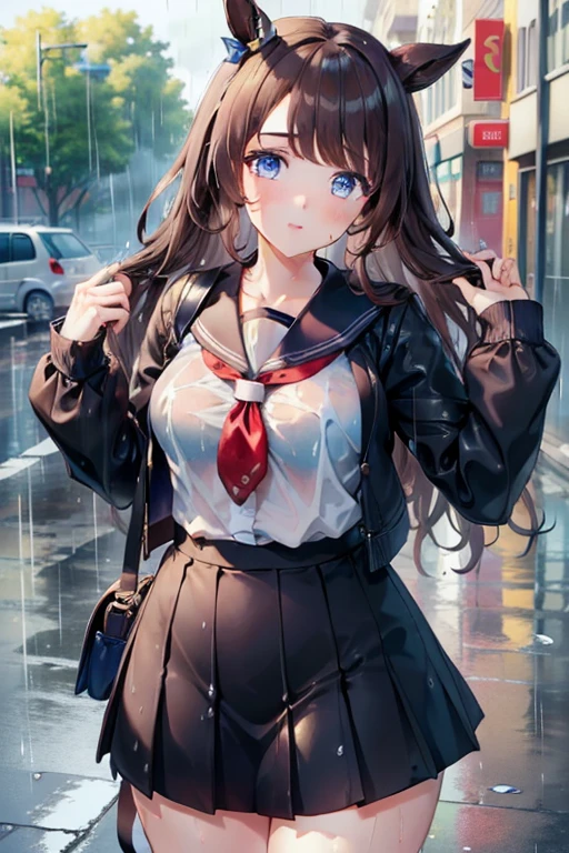 ((highest quality, 8k, masterpiece:1.3)), tosen jordan \(umamusume\) concentrated: 1.2, Perfect body beauty: 1.4, Hips: 1.2, (Wet clothes: 1.1), (rain, street:1.3), school uniform: 1.1, 