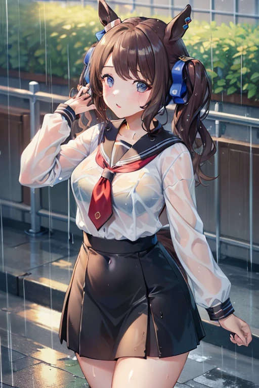 ((highest quality, 8k, masterpiece:1.3)), tosen jordan \(umamusume\) concentrated: 1.2, Perfect body beauty: 1.4, Hips: 1.2, (Wet clothes: 1.1), (rain, street:1.3), school uniform: 1.1,