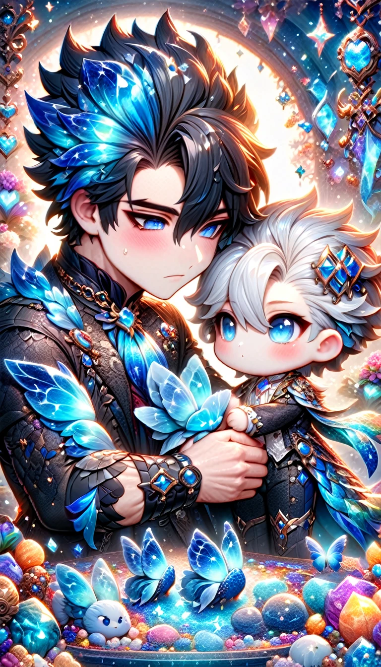 absurdres, highres, ultra detailed, HDR) master piece, best quality, Wriothesley chibi, black hair, expressive blue eyes, genshin impact, Neuvillette chibi, white hair, expressive blue eyes, two boys together, yaoi couple, black clothes with accessories, jewelry, patterns, magical fantasy, blue butterflies, glittering, sparkling, blue lilies, petals, radiant