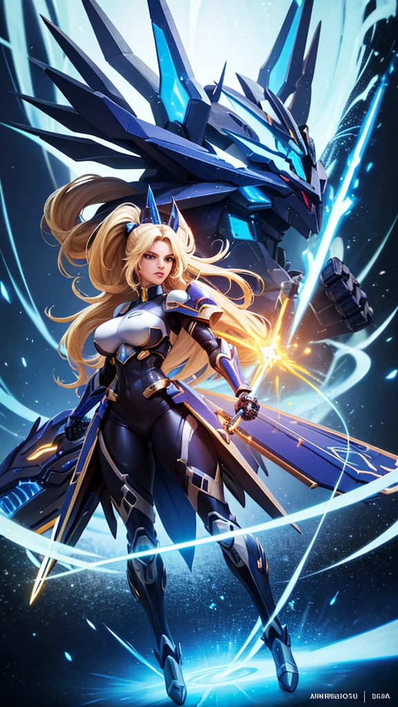 A captivating, hyper-resolution 3D rendering of a fierce, powerful Mecha woman, radiating strength and courage. Her golden Mecha armor boasts a vibrant color palette of white, black, red, and blue, with intricate details accentuating her curvaceous figure and flowing blonde hair. Her piercing light blue eyes convey command and determination. Armed with a shield of pure energy and a glowing blue saber, she stands tall with the "UNIVERSO MECHA" logo prominently displayed. The creation of "Dragonsteel7" masterfully merges illustration, 3D rendering, and typography techniques, resulting in a stunning, poster-worthy image with a cinematic vibe and a blend of various artistic elements., 3d render, photo, product, vibrant, illustration, typography, anime, cinematic, poster